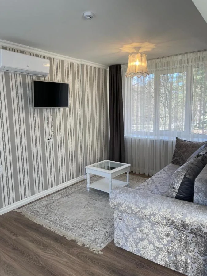 Svetainės kampas su sofa, kavos staliuku ir televizoriumi ant sienos