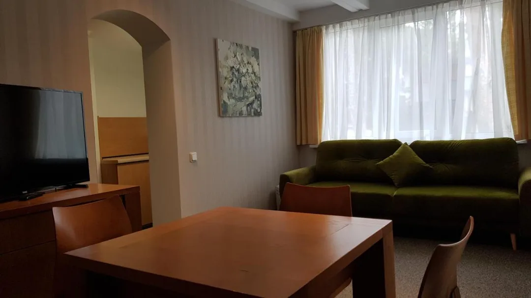 Svetainė: stalas su kėdėmis, žalia sofa prie lango ir televizorius