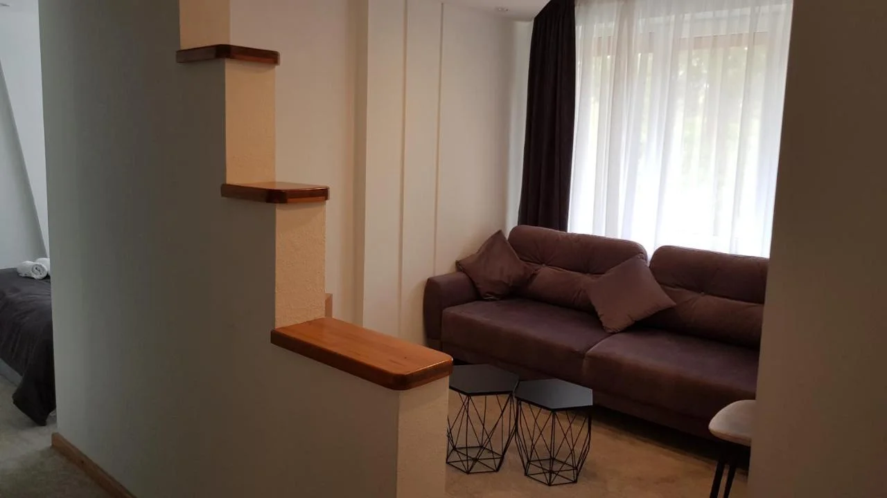 Poilsio kampas su ruda sofa ir dviem staliukais prie lango