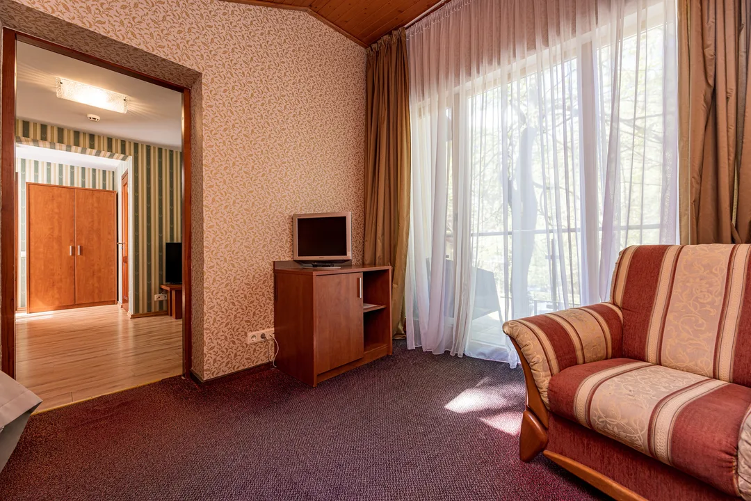 Striped armchair, small TV cabinet and curtains at the balcony door, red carpet