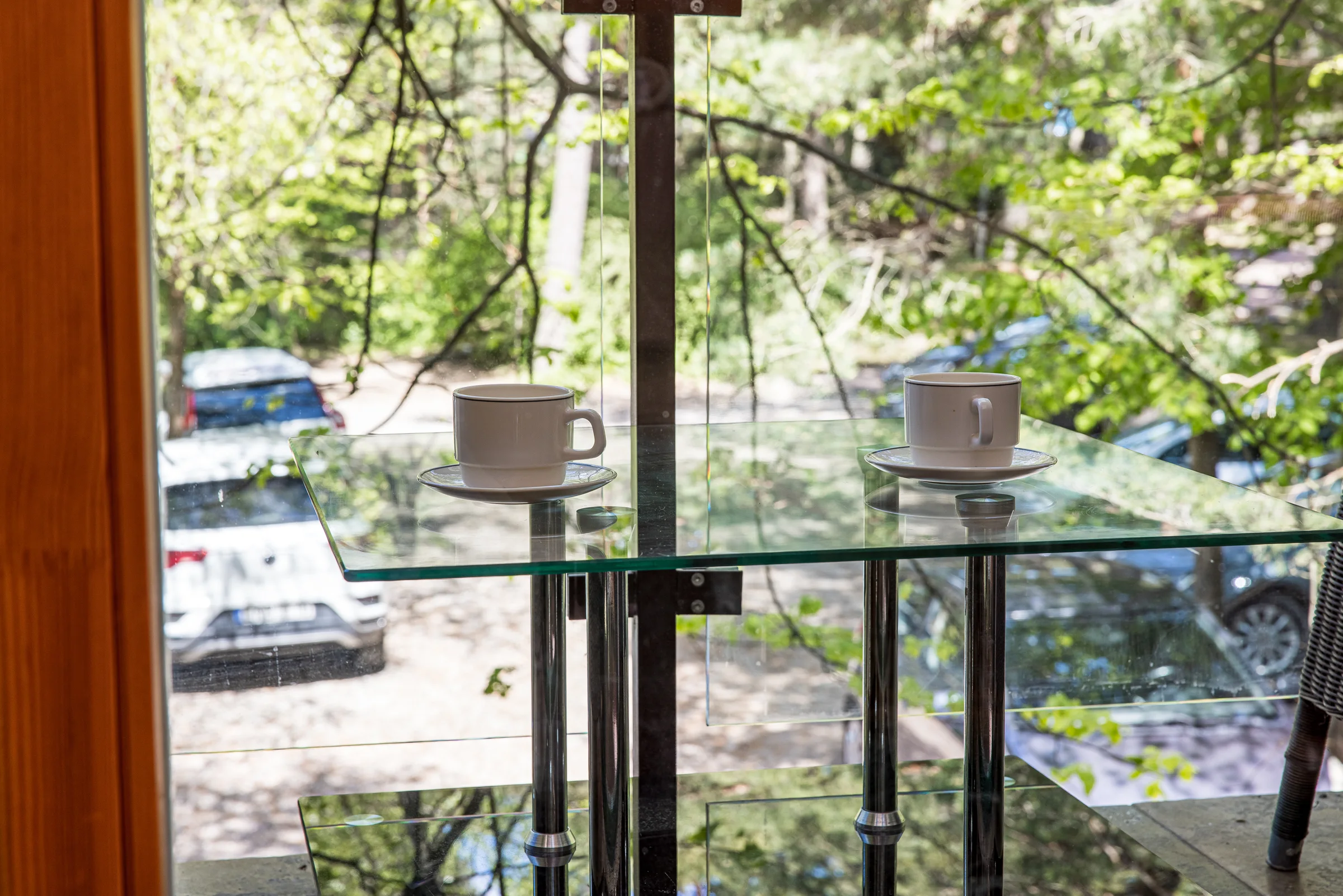 Two coffee cups on the glass balcony table, pine trees behind the railing