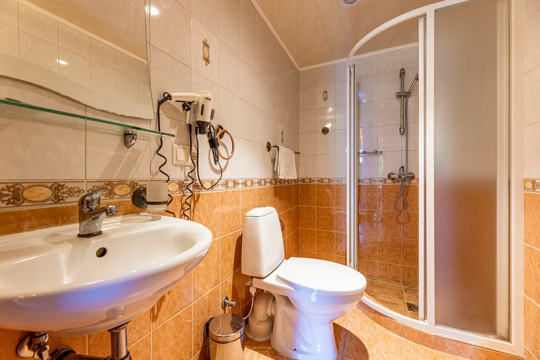 Bathroom with a washbasin, WC and shower cabin, orange tiles